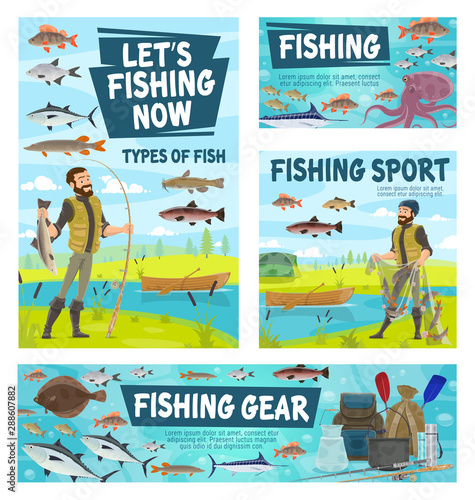 Fisher catching fish, fishing sport gear