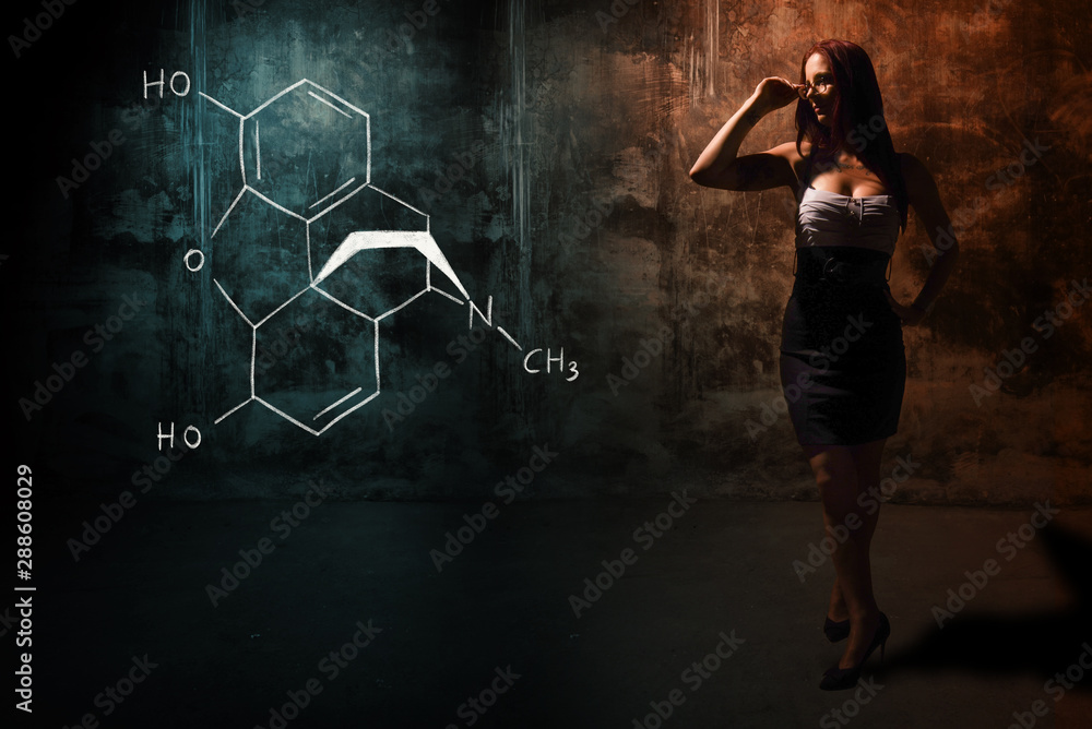 Sexy girl or secretary or female student presenting handdrawn chemical formula of Morphine Sexy girl or secretary or female student presenting handdrawn chemical formula of Morphine