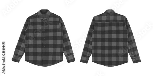 Flannel long sleeve shirt with a checkered pattern in black grey color, isolated on white background. Set of flannel shirt front and back view. photo