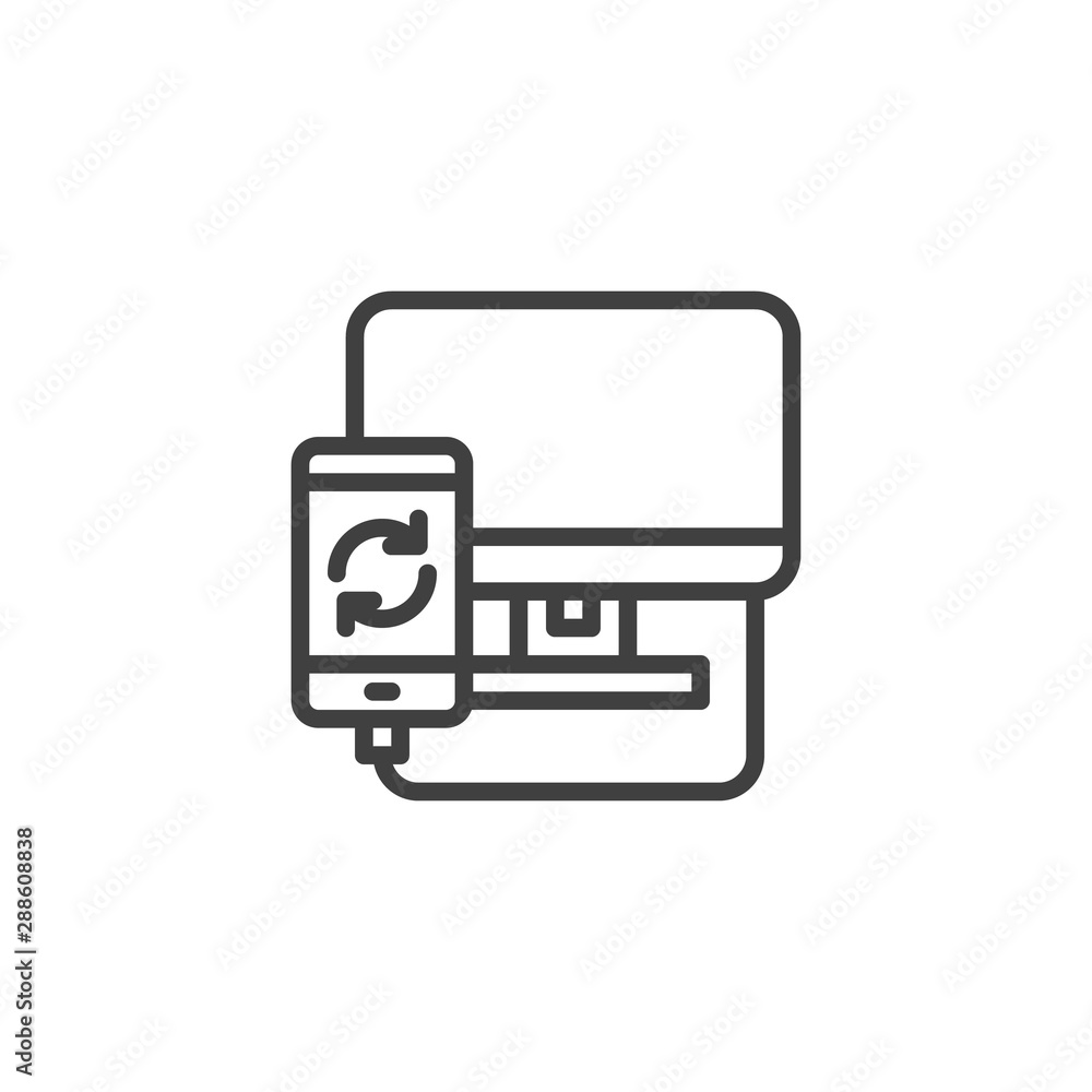 Mobile phone synchronize with computer line icon. linear style sign for mobile concept and web design. Smartphone system update outline vector icon. Symbol, logo illustration. Vector graphics Mobile phone synchronize with computer line icon. linear style sign for mobile concept and web design. Smartphone system update outline vector icon. Symbol, logo illustration. Vector graphics