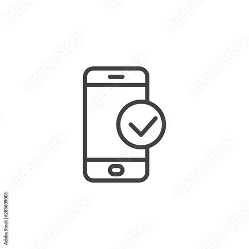 Smartphone Check line icon. linear style sign for mobile concept and web design. Phone check mark outline vector icon. Symbol, logo illustration. Vector graphics