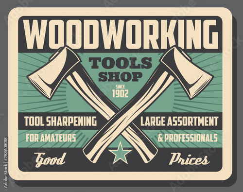 Crossed axes with sharp blades, woodwork tools