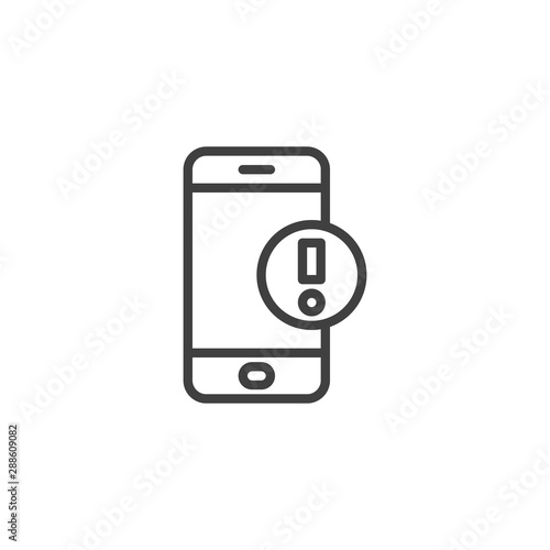 Smartphone with exclamation point line icon. linear style sign for mobile concept and web design. Mobile phone warning alert outline vector icon. Symbol, logo illustration. Vector graphics