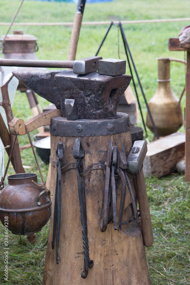 Tools and devices for hand-forged metal in field conditions. Old craft, vintage tools. Tools and devices for hand-forged metal in field conditions. Old craft, vintage tools.