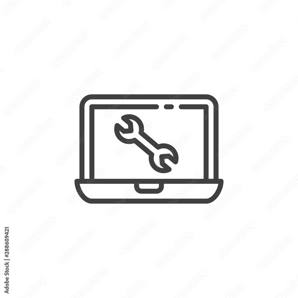 Computer repair service line icon. linear style sign for mobile concept and web design. Laptop screen with wrench outline vector icon. Symbol, logo illustration. Vector graphics Computer repair service line icon. linear style sign for mobile concept and web design. Laptop screen with wrench outline vector icon. Symbol, logo illustration. Vector graphics