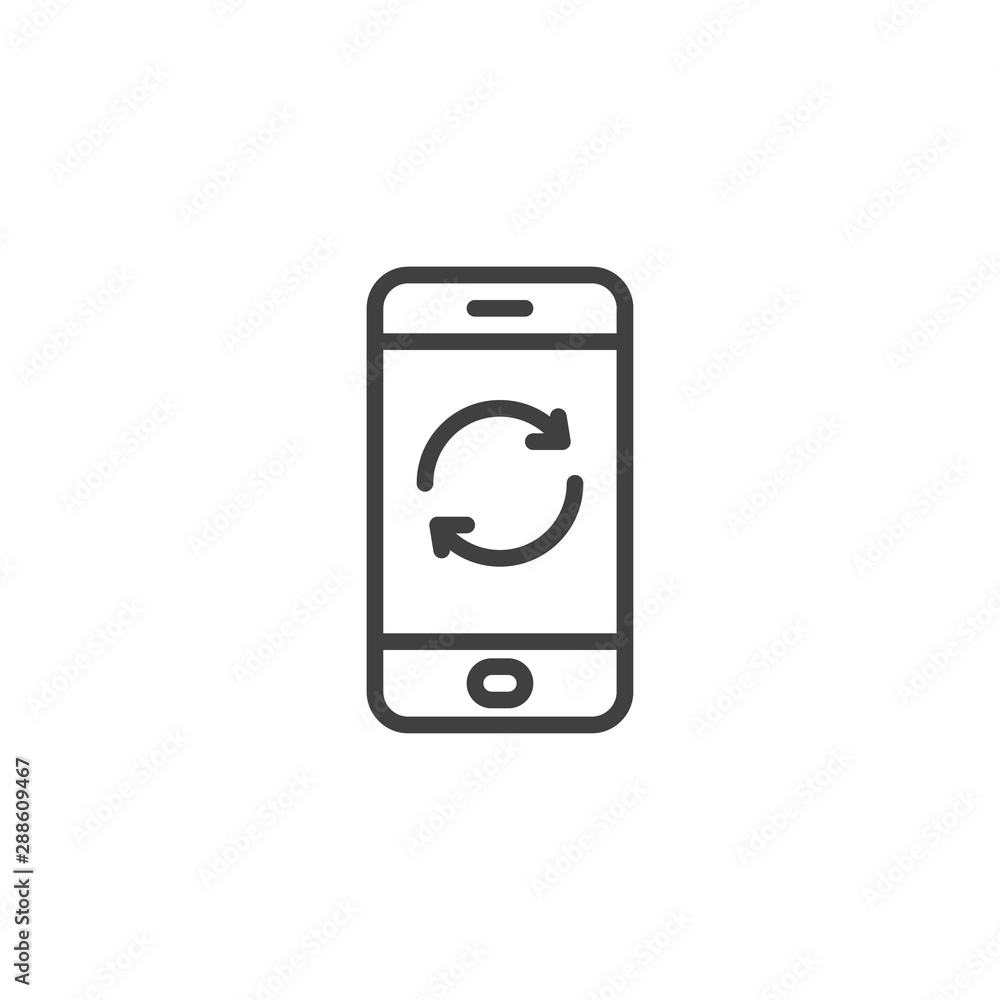 Smartphone update line icon. Telephone upgrade screen linear style sign for mobile concept and web design. Mobile phone refresh arrows outline vector icon. Symbol, logo illustration. Vector graphics Smartphone update line icon. Telephone upgrade screen linear style sign for mobile concept and web design. Mobile phone refresh arrows outline vector icon. Symbol, logo illustration. Vector graphics