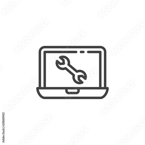 Computer repair service line icon. linear style sign for mobile concept and web design. Laptop screen with wrench outline vector icon. Symbol, logo illustration. Vector graphics