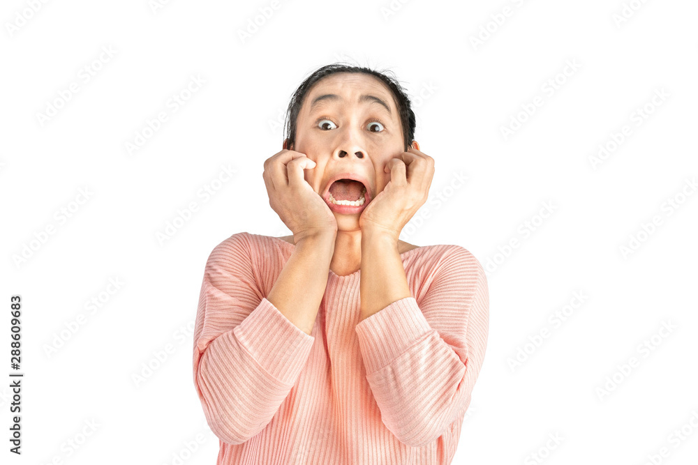 Shocked and frightened face of young Asian woman wear pink t-shirt, Isolated on white background. Shocked and frightened face of young Asian woman wear pink t-shirt, Isolated on white background.