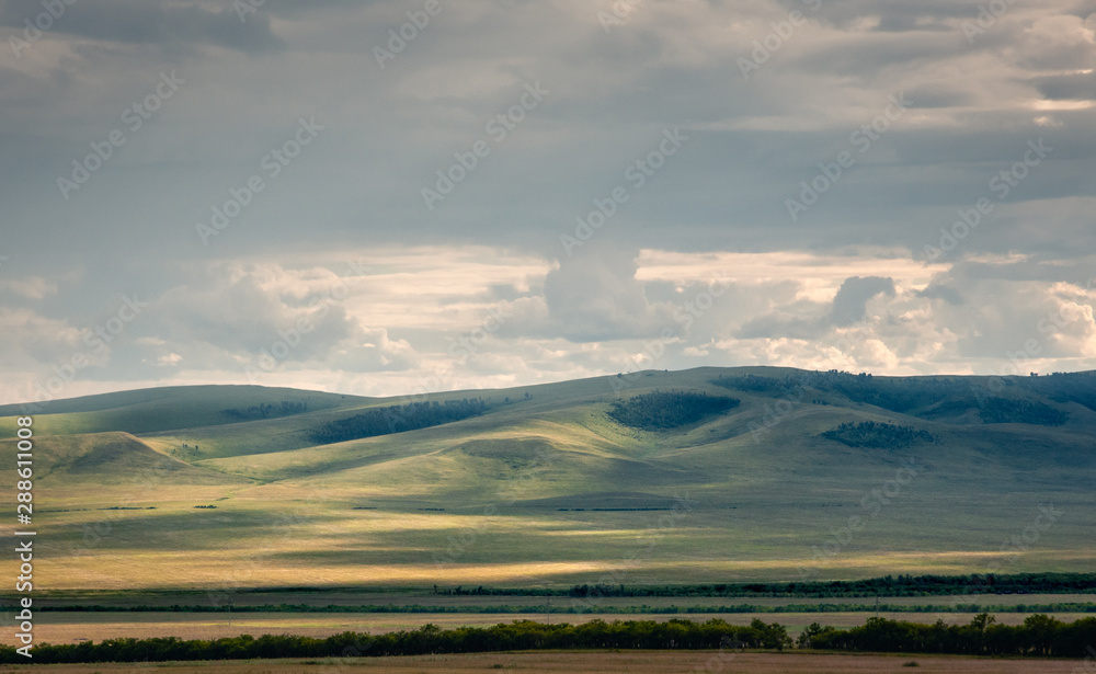 Fototapeta premium Grass hills covered with trees in steppe under spectacular clouds sky during sunset at Khakassia, Siberia, Russia.
