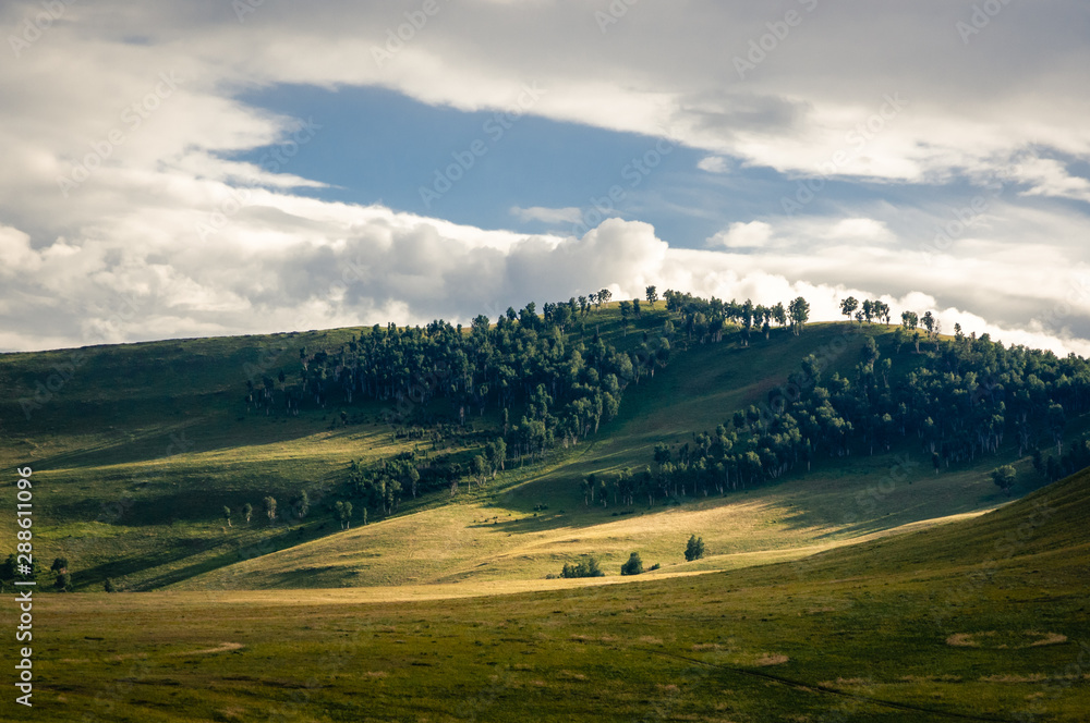 Grass hills covered with trees in steppe under spectacular clouds sky during sunset at Khakassia, Siberia, Russia. Grass hills covered with trees in steppe under spectacular clouds sky during sunset at Khakassia, Siberia, Russia.