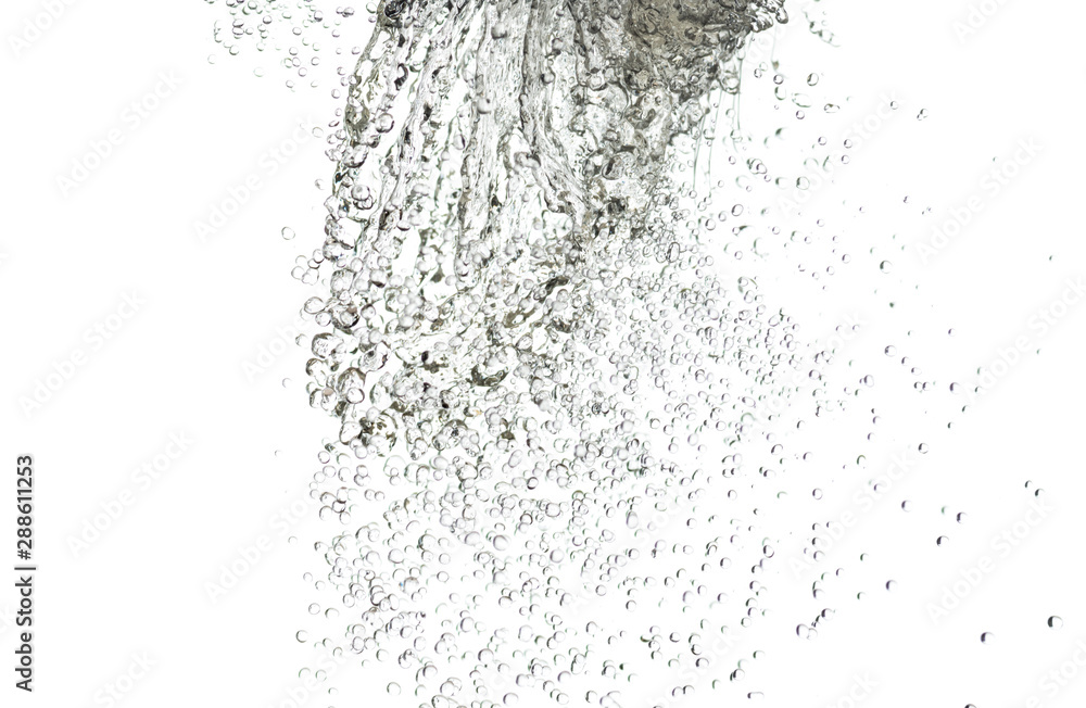 Obraz premium splashes, jets and drops of water hovering in the air on a white background
