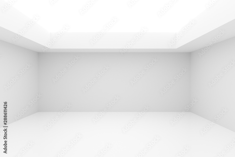 Empty white room with indirect lighting from the ceiling - gallery or modern interior template, 3D illustration - obrazy, fototapety, plakaty 