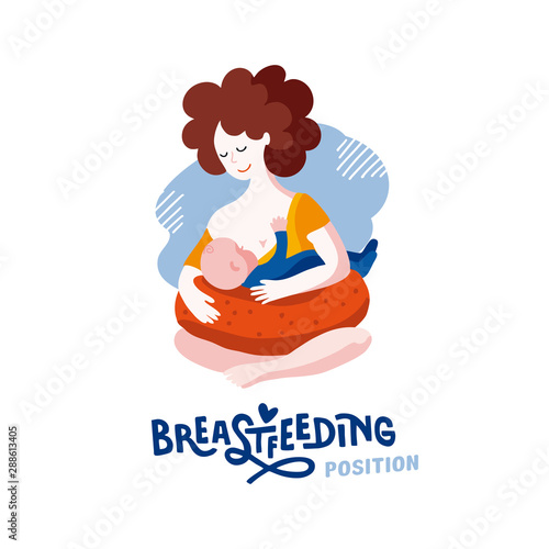 Lettering Breast feeding position on the pillow. Vector flat logo. Mother and newborn baby Illustration. Concept of motherhood and breastfeeding. Poster Breastfeeding Day