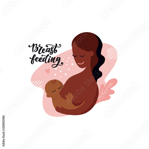 Vector linear contour flat illustration breastfeeding. Black skinned Mother and black skinned newborn baby in her hands. Concept of support for motherhood. Hand written lettering to breastfeeding Day