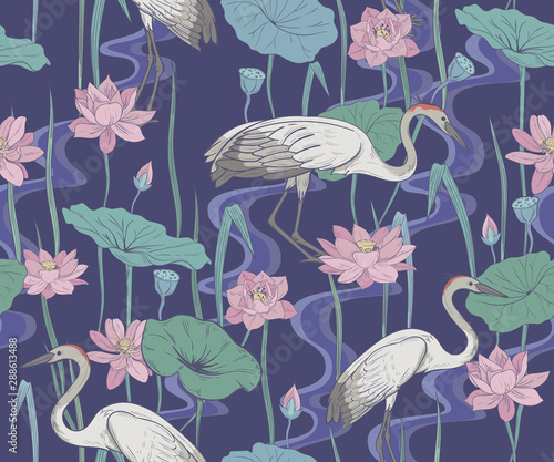 Seamless pattern with cranes and lotuses