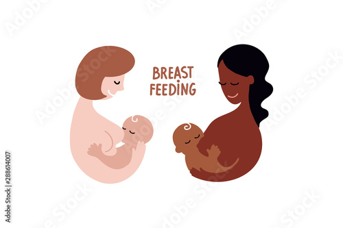 Set Vector contour flat logo breastfeeding. Happy white and black skinned women and newborn baby in hands. Concept of support for motherhood. World breastfeeding Day
