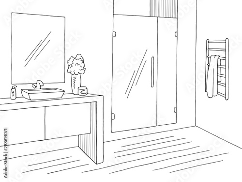 Bathroom graphic home interior black white sketch illustration vector