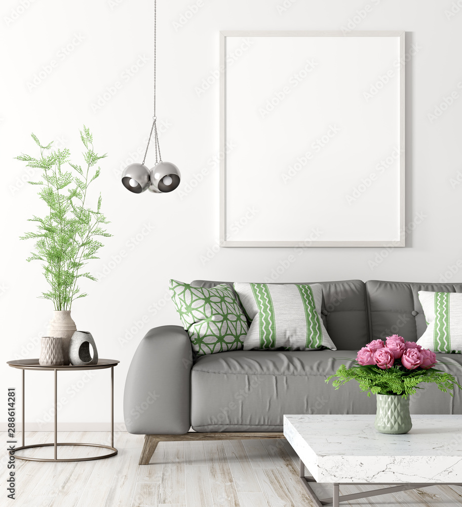 Interior of living room with sofa and mock up poster 3d rendering - obrazy, fototapety, plakaty 