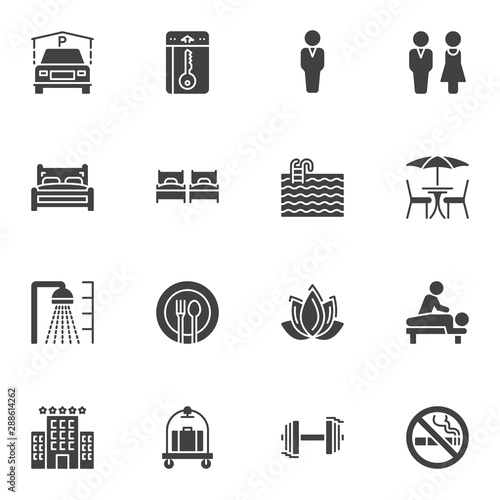 Hotel vector icons set, modern solid symbol collection filled style pictogram pack. Signs logo illustration. Set includes icons as car parking, five stars hotel building, swimming pool, electronic key