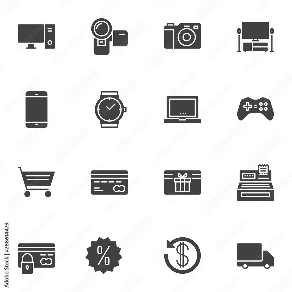 Online shopping vector icons set, modern solid symbol collection filled style pictogram pack. Signs logo illustration. Set includes icons as computer monitor, photo camera, smartphone, laptop, payment Online shopping vector icons set, modern solid symbol collection filled style pictogram pack. Signs logo illustration. Set includes icons as computer monitor, photo camera, smartphone, laptop, payment