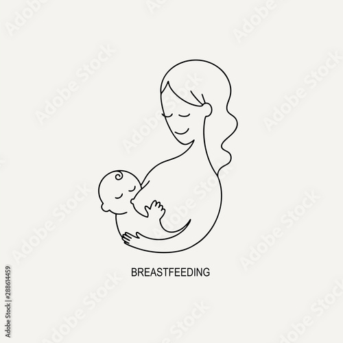 Vector linear contour flat logo breastfeeding. Mother and newborn baby in her arms on an isolated white background. Concept of support for motherhood. Hand written lettering World breastfeeding Day