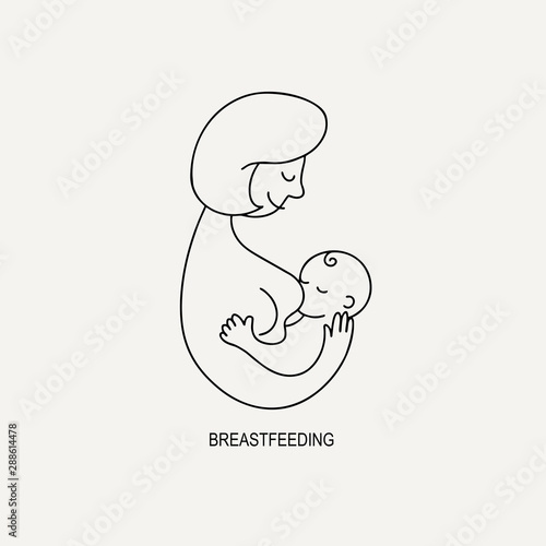 Vector linear contour flat logo breastfeeding. Mother and newborn baby in her arms on an isolated white background. Concept of support for motherhood. Hand written lettering World breastfeeding Day