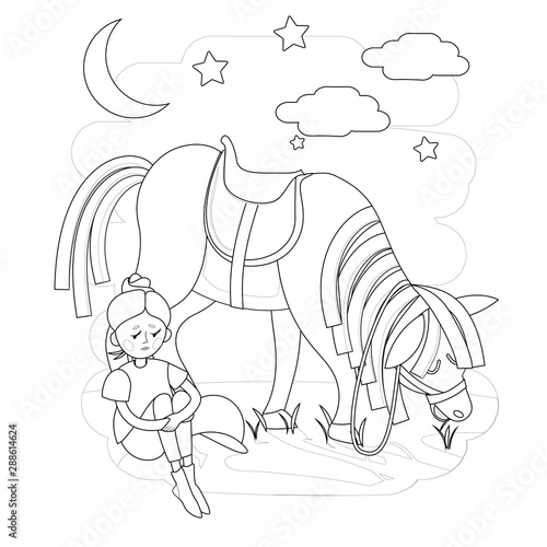 children's illustration for self-coloring with the image of a teenage girl who walks with a horse