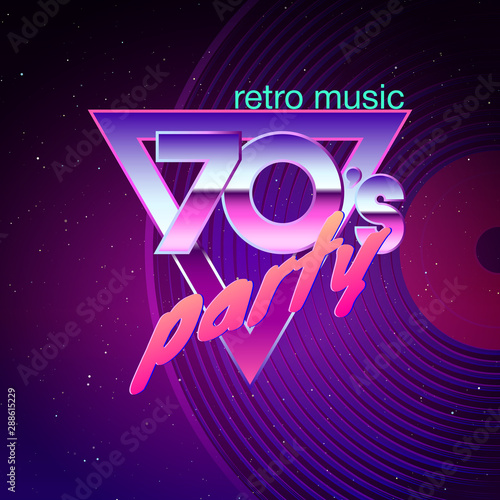 Paster template for retro disco party 70s. Neon colors and vinyl record on background. Vintage music flyer. Vector illustration