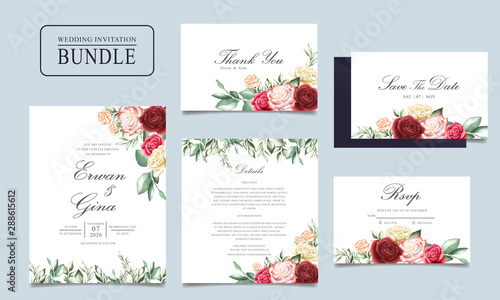 Fototapeta Naklejka Na Ścianę i Meble -  Wedding invitation card bundle with watercolor floral and leaves template