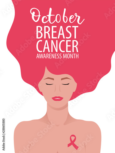 Breast cancer awareness month card with young woman. Medical concept of prevention of breast cancer.