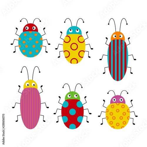 Vector set of cute cartoon insects. Different beetles on an isolated background. Funny illustration