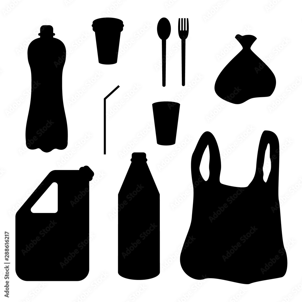 Plastic waste collection on white. Plastic bottles and another garbage, non-recyclable trash vector illustration Plastic waste collection on white. Plastic bottles and another garbage, non-recyclable trash vector illustration