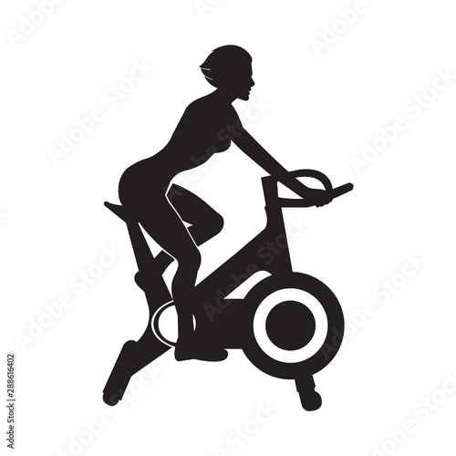 Girl doing stationary exercise bike workout. Black silhouette on white background. Vector background of gym with girls doing fitness. Women on training bike.Healthy concept and wellness lifestyle.