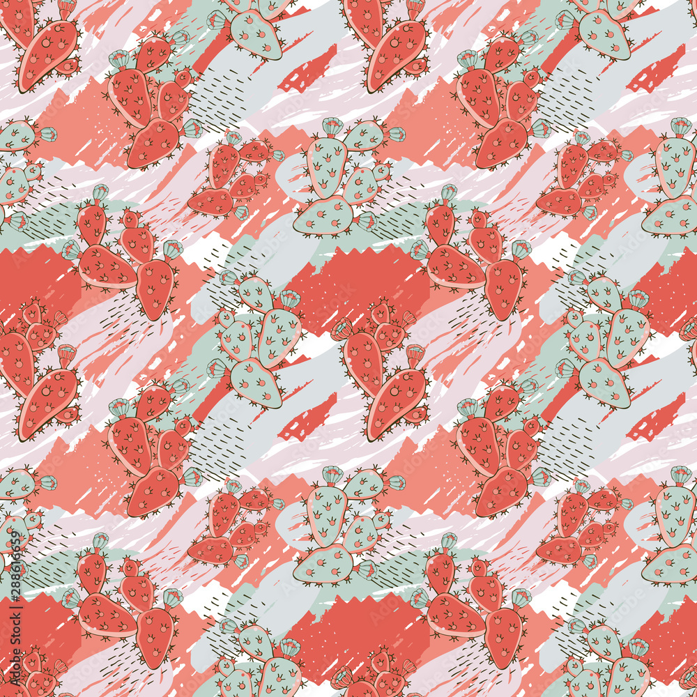 Seamless vector pattern with cacti. Abstract composition with creative art naive style, different lines, colorful elements and shapes for fabric, textile, background, Seamless vector pattern with cacti. Abstract composition with creative art naive style, different lines, colorful elements and shapes for fabric, textile, background,