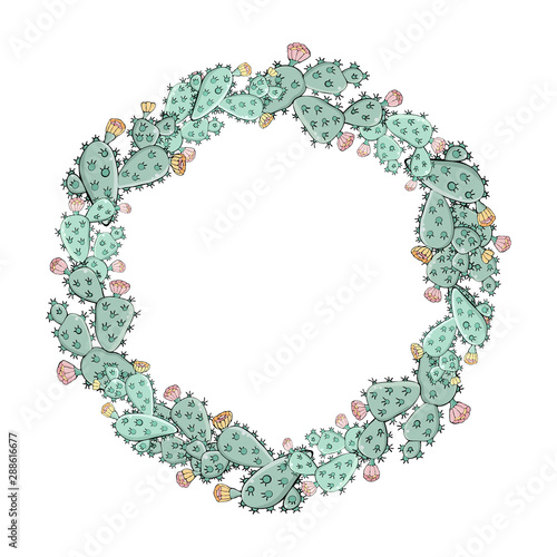 Round web banner template. Wreath of cacti with flowers. Decorative exotic plants surround the frame with text space.