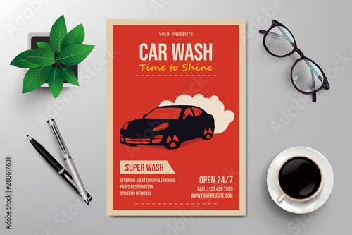car wash flyer template, retro flat design vector