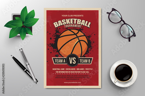 basketball tournament flyer template, retro flat design vector