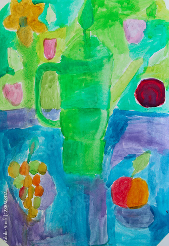 Children's drawing with fruits on green background. Artwork with drawing