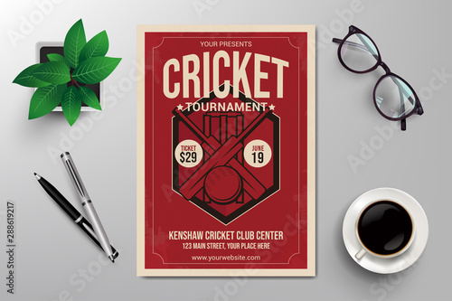 cricket tournament flyer template, retro flat design vector
