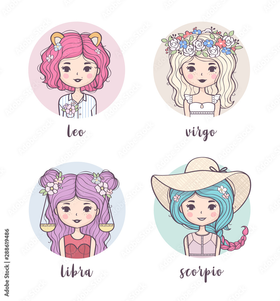 Vector set of cute zodiac girls. Zodiac signs collection: Leo, Virgo, Libra, Scorpio. Horoscope illustration Vector set of cute zodiac girls. Zodiac signs collection: Leo, Virgo, Libra, Scorpio. Horoscope illustration