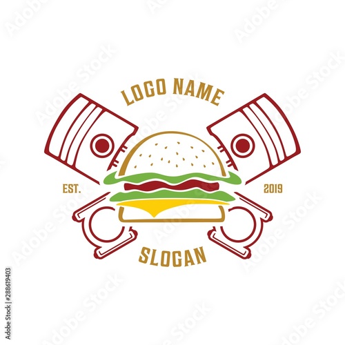 Fast food Restaurant on roadside with burger and piston symbol