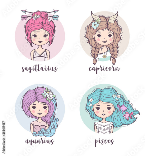 Vector set of cute zodiac girls. Zodiac signs collection: Sagittarius, Capricorn, Aquarius, Pisces. Horoscope illustration 