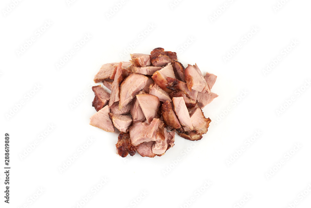 pieces of roasted turkey meat, isolated on white background.
