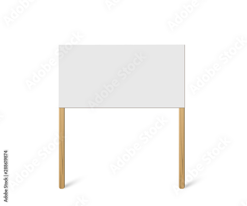 Blank banner mock up on wood stick. Vector empty board plank holder. Protest sign isolated on white background.