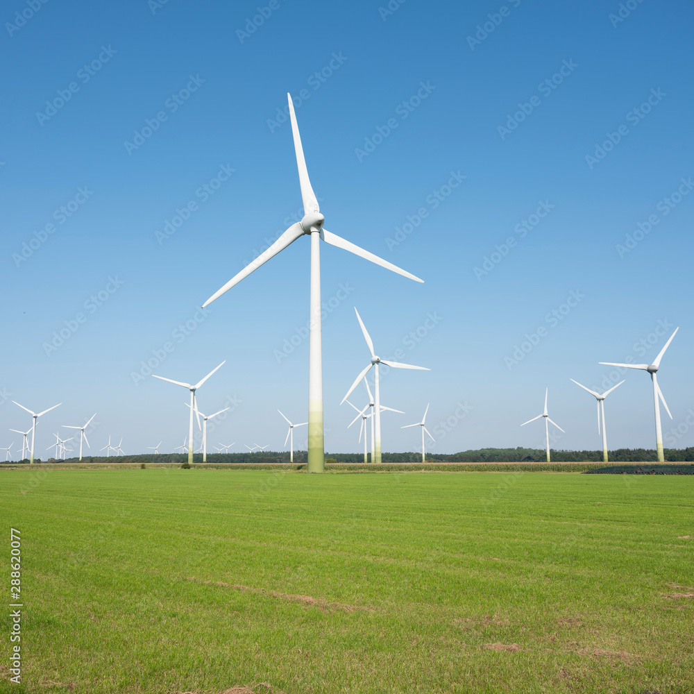wind turbines in rural landscape of ostfriesland in the north of germany and blue sky wind turbines in rural landscape of ostfriesland in the north of germany and blue sky