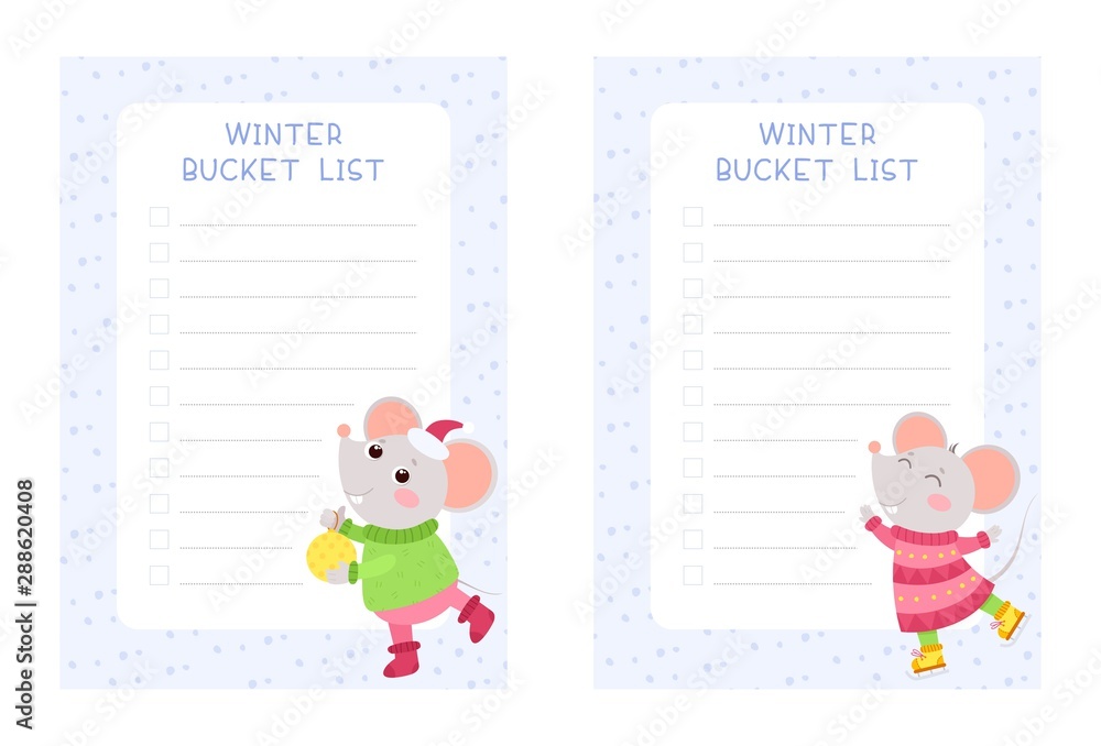 Winter bucket lists flat vector templates set. Weekly and daily children planner pages designs pack. Little mouse skating winter poster and holding a christmas toy cartoon characters. Diary, notepad c Winter bucket lists flat vector templates set. Weekly and daily children planner pages designs pack. Little mouse skating winter poster and holding a christmas toy cartoon characters. Diary, notepad c