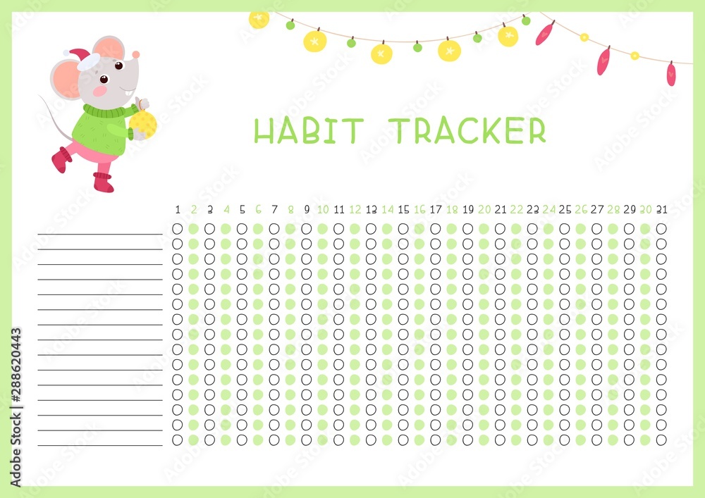 Habit tracker for month flat vector template. Children planner page with cute mouse layout. Winter holidays, December daily achievements planning. Kids assignments blank timetable design Habit tracker for month flat vector template. Children planner page with cute mouse layout. Winter holidays, December daily achievements planning. Kids assignments blank timetable design