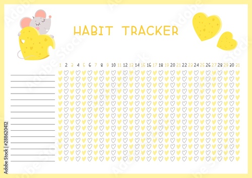 Habit tracker for month flat vector template.  Little rat hugging cheese heart. Children planner page with cute mouse layout.  Daily achievements planning. Kids assignments blank timetable design