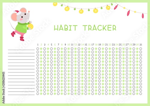 Habit tracker for month flat vector template. Children planner page with cute mouse layout. Winter holidays, December daily achievements planning. Kids assignments blank timetable design