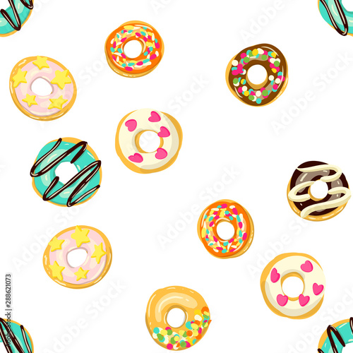 Glazed Donuts seamless pattern. Bakery Vector illustration. Top View glazed doughnuts